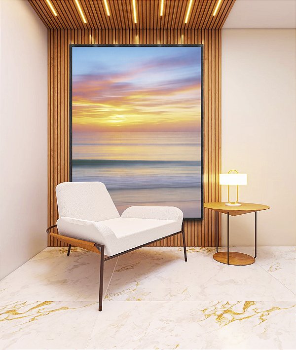 Quadro Vertical Mar Prateado Céu Laranja Azul Movimento Canvas Moldura