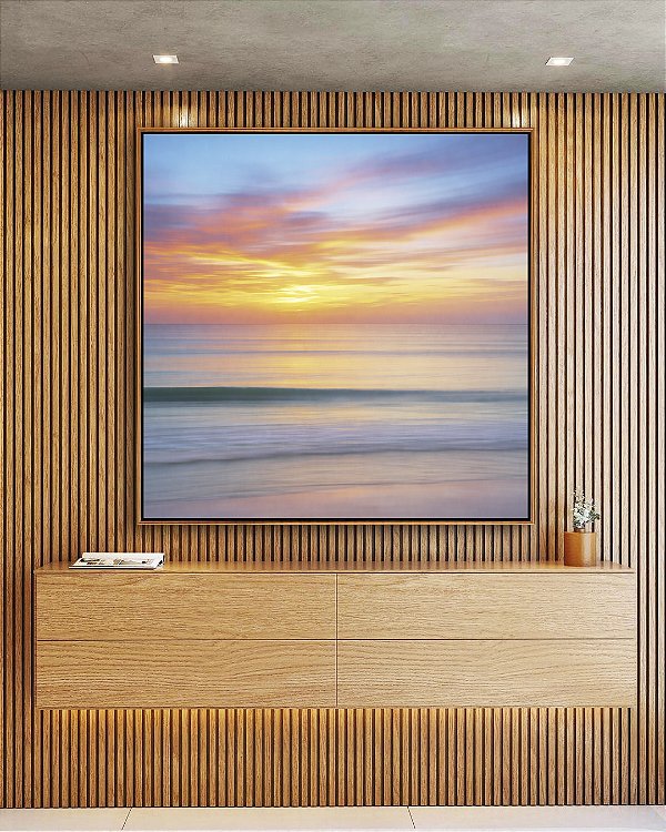 Quadro Quadrado Mar Prateado Céu Laranja Azul Movimento Canvas Moldura