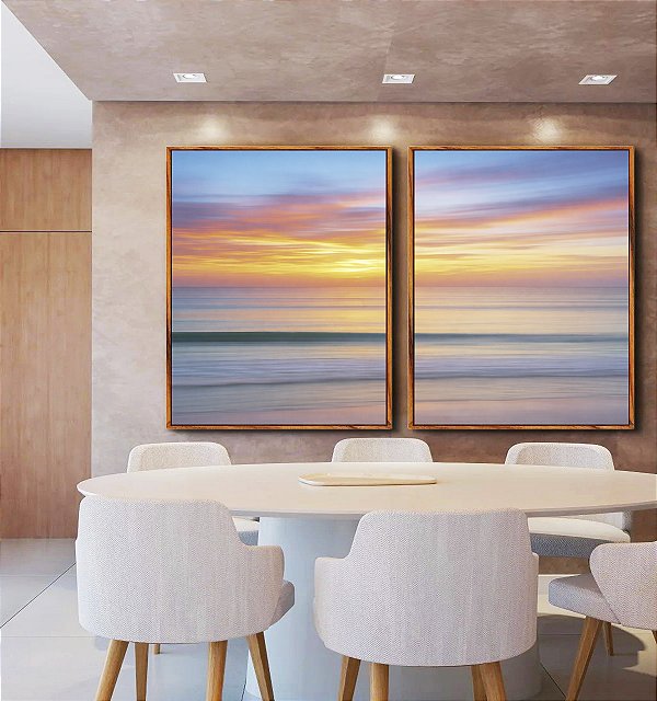 Duo de Quadros Mar Prateado Céu Laranja Azul Movimento Canvas Moldura