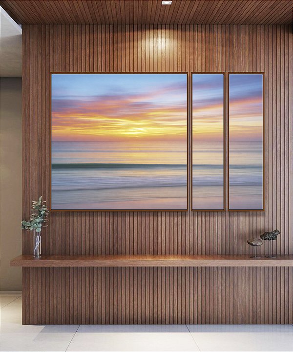 Trio de Quadros Estilizados Mar Prateado Céu Laranja Azul Movimento Canvas Moldura