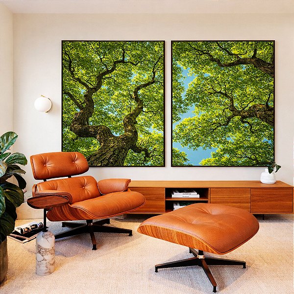 Duo de Quadros Árvores Folhas Verdes Céu Azul Limpo Natureza Canvas Moldura