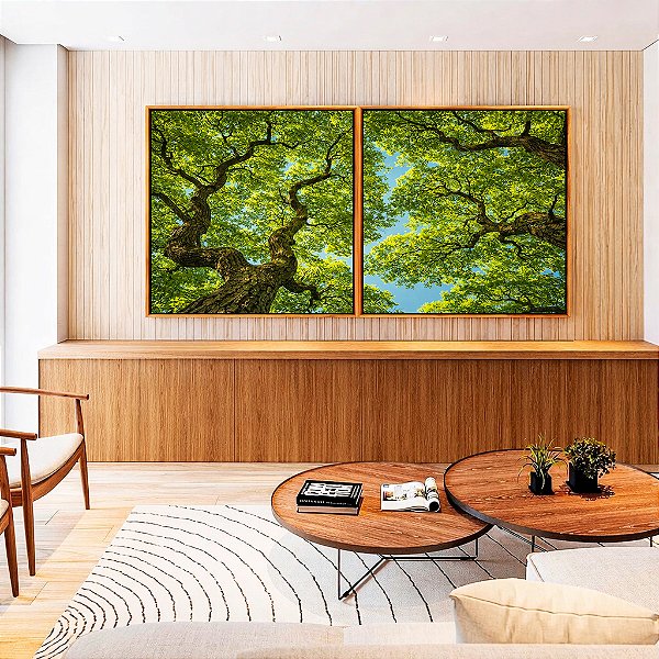 Duo de Quadros Quadrados Árvores Folhas Verdes Céu Azul Limpo Natureza Canvas Moldura