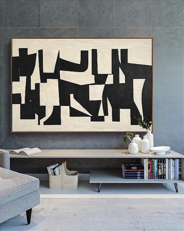 Quadro Horizontal Abstrato Traços Minimalistas Geométricos Preto Marfim Canvas Moldura
