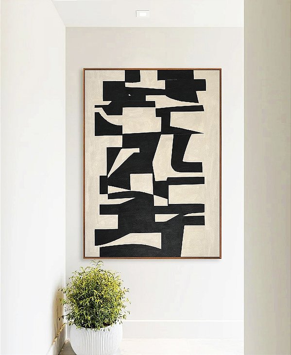 Quadro Vertical Abstrato Traços Minimalistas Geométricos Preto Marfim Canvas Moldura