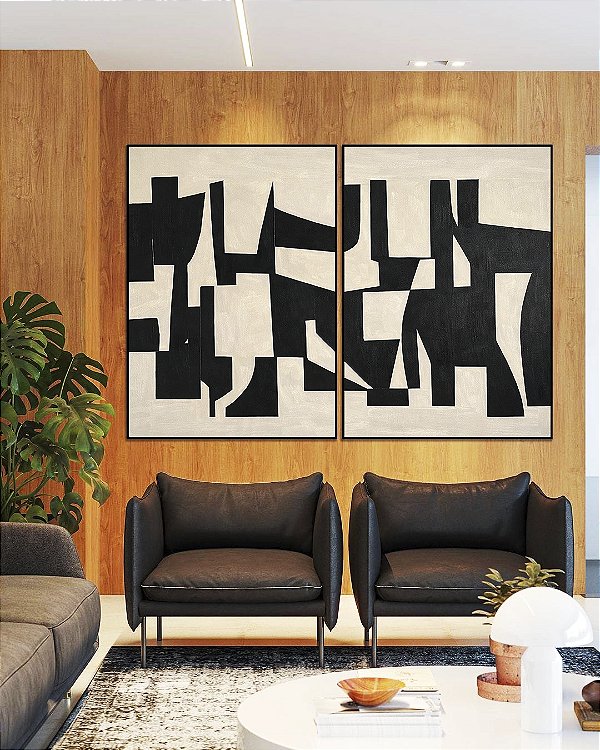 Duo de Quadros Abstrato Traços Minimalistas Geométricos Preto Marfim Canvas Moldura