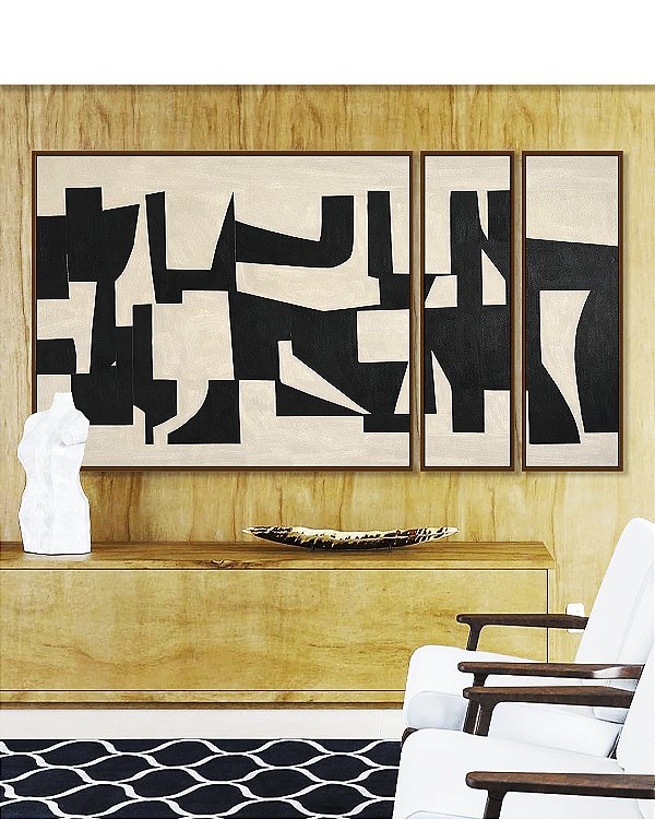 Trio de Quadros Estilizados Abstrato Minimalistas Geométricos Preto Marfim Canvas Moldura