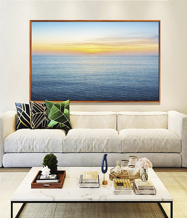 Quadro Horizontal Nascer do Sol Laranja Mar Azul Sereno Natureza Canvas Moldura