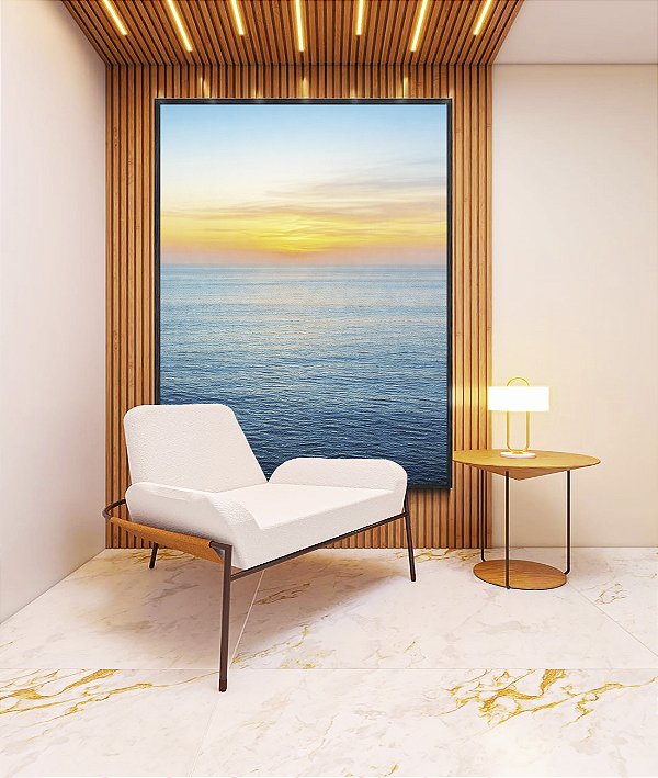 Quadro Vertical Nascer do Sol Laranja Mar Azul Sereno Natureza Canvas Moldura