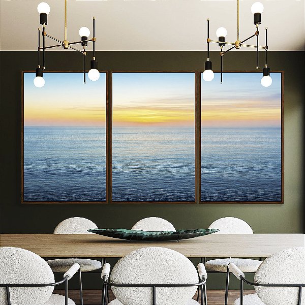 Trio de Quadros Nascer do Sol Laranja Mar Azul Sereno Natureza Canvas Moldura