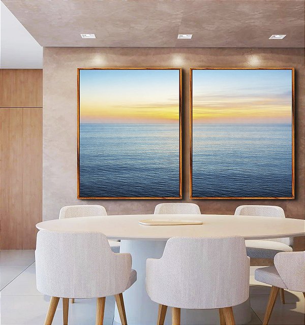 Duo de Quadros Nascer do Sol Laranja Mar Azul Sereno Natureza Canvas Moldura