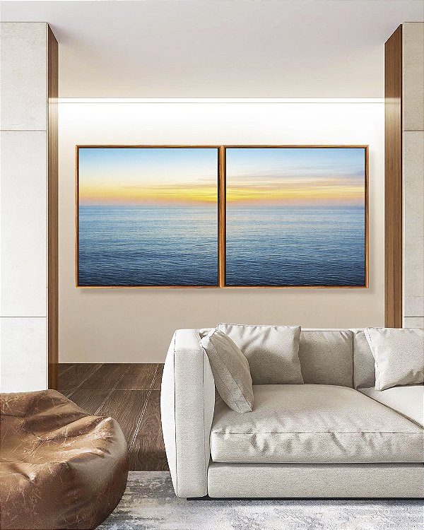 Duo de Quadros Quadrados Nascer do Sol Laranja Mar Azul Sereno Natureza Canvas Moldura