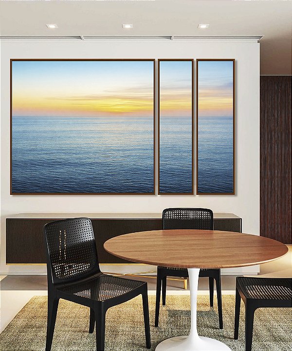 Trio de Quadros Estilizados Nascer do Sol Laranja Mar Azul Sereno Natureza Canvas Moldura