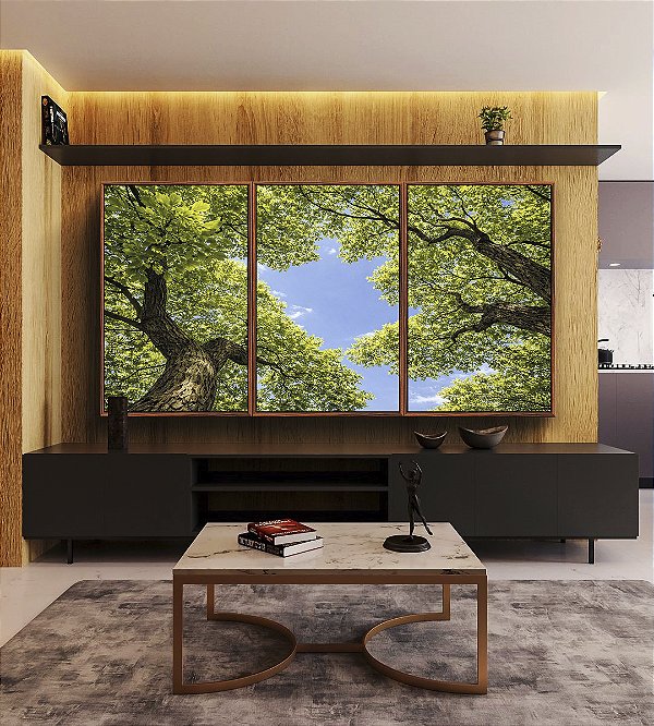Trio de Quadros Árvores Folhagem Verde Céu Limpo Natureza Canvas Moldura