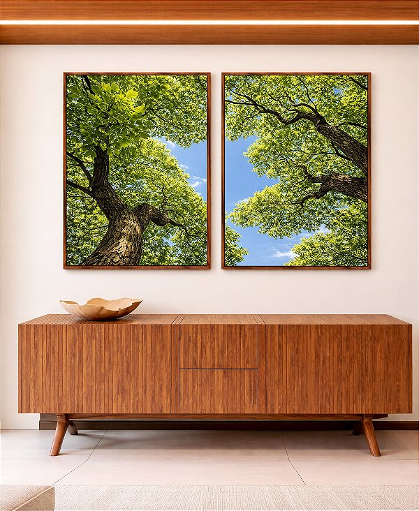 Duo de Quadros Árvores Folhagem Verde Céu Limpo Natureza Canvas Moldura