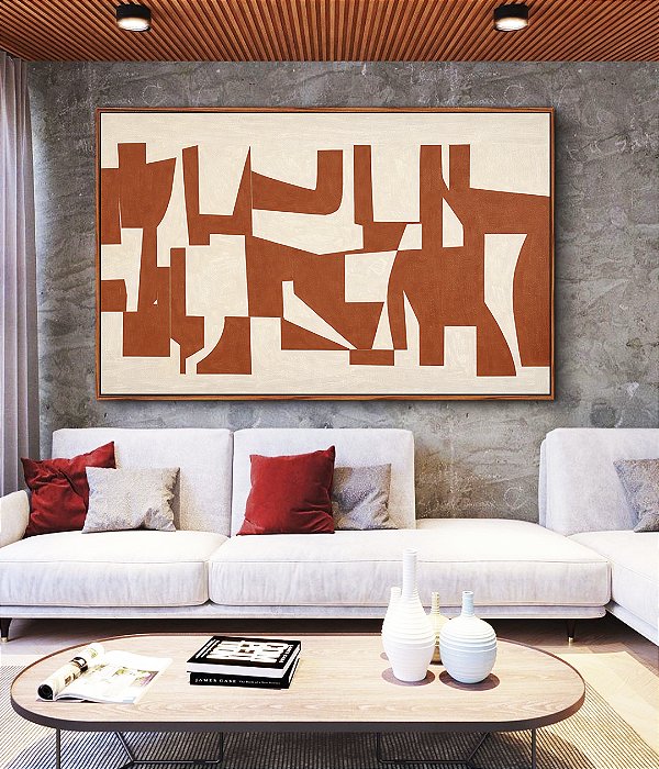 Quadro Horizontal Abstrato Traços Minimalistas Geométricos Laranja Marfim Canvas Moldura