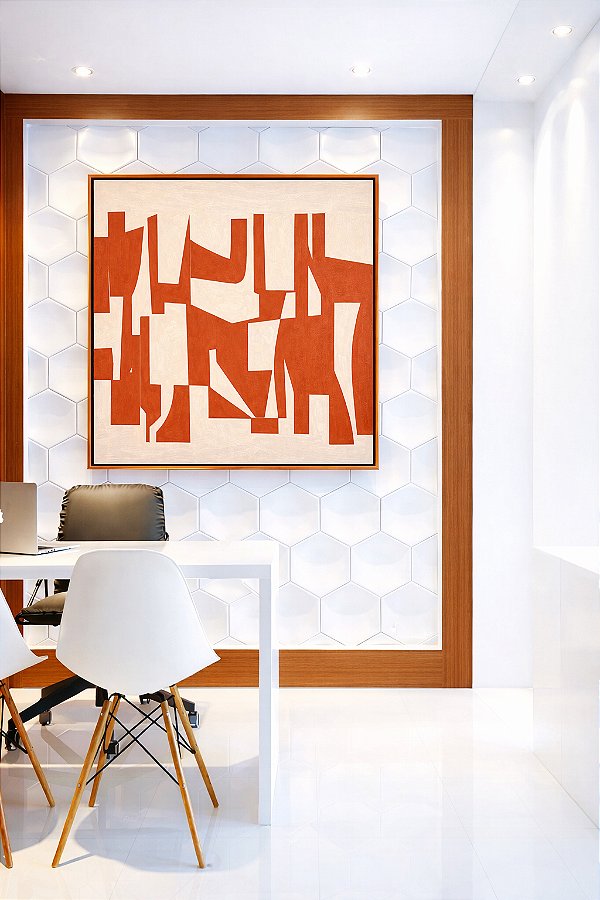 Quadro Quadrado Abstrato Traços Minimalistas Geométricos Laranja Marfim Canvas Moldura