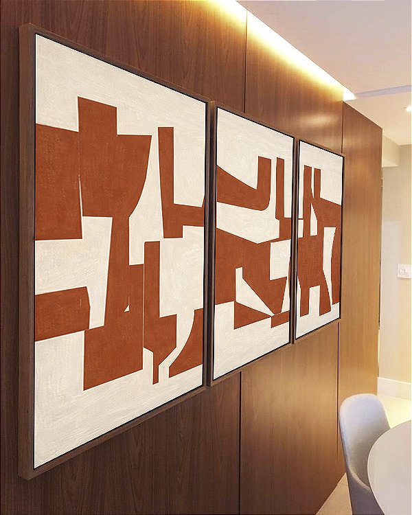 Trio de Quadros Abstrato Traços Minimalistas Geométricos Laranja Marfim Canvas Moldura