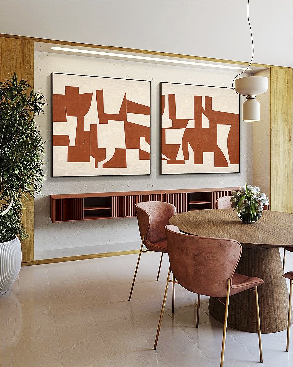 Duo de Quadros Quadrados Abstrato Traços Minimalistas Geométricos Laranja Marfim Canvas Moldura