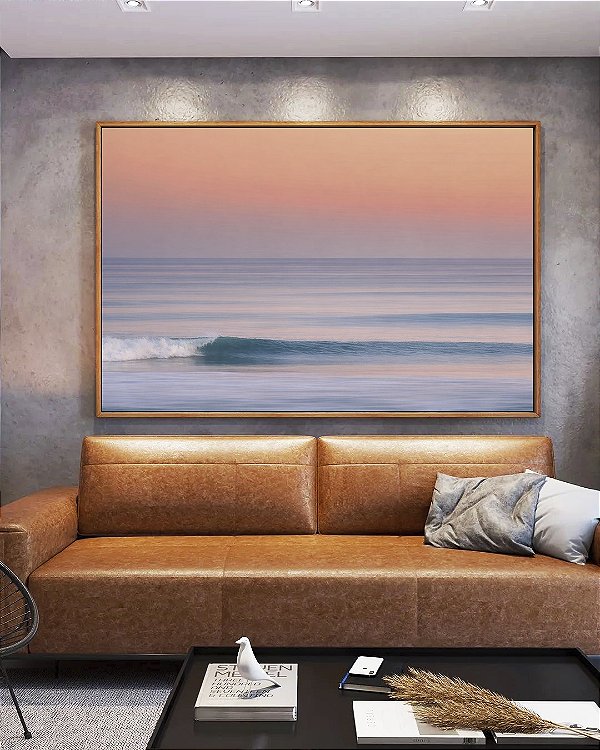 Quadro Horizontal Mar Azul Ondulado Céu Rosa Laranja Canvas Moldura