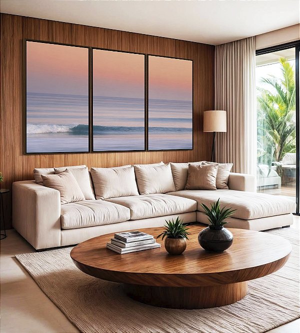 Trio de Quadros Mar Azul Ondulado Céu Rosa Laranja Canvas Moldura