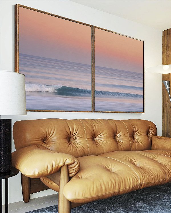 Duo de Quadros Mar Azul Ondulado Céu Rosa Laranja Canvas Moldura