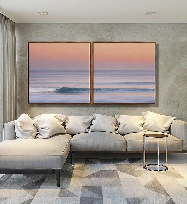 Duo de Quadros Quadrados Mar Azul Ondulado Céu Rosa Laranja Canvas Moldura
