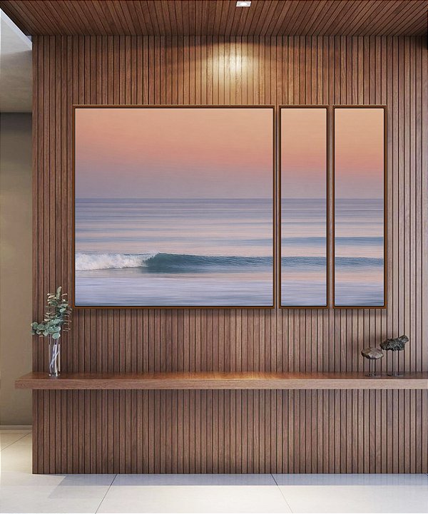 Trio de Quadros Estilizados Mar Azul Ondulado Céu Rosa Laranja Canvas Moldura