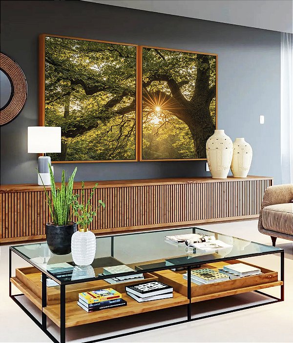 Duo de Quadros Árvore Luzes do Sol Floresta Paisagem Canvas Moldura