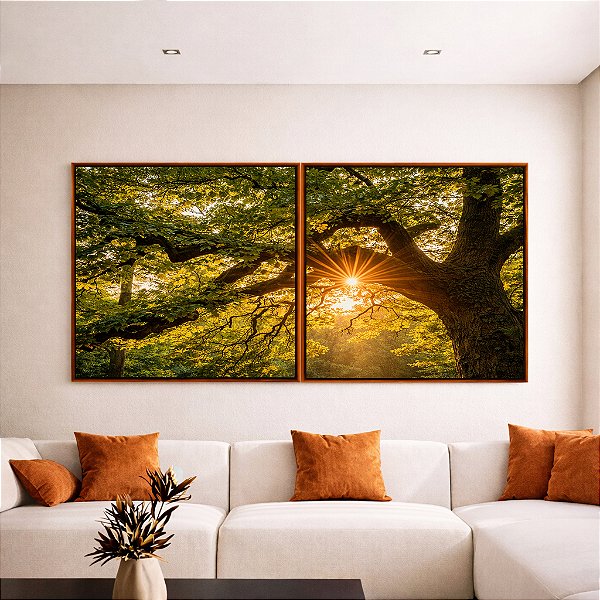 Duo de Quadros Quadrados Árvore Luzes do Sol Floresta Paisagem Canvas Moldura