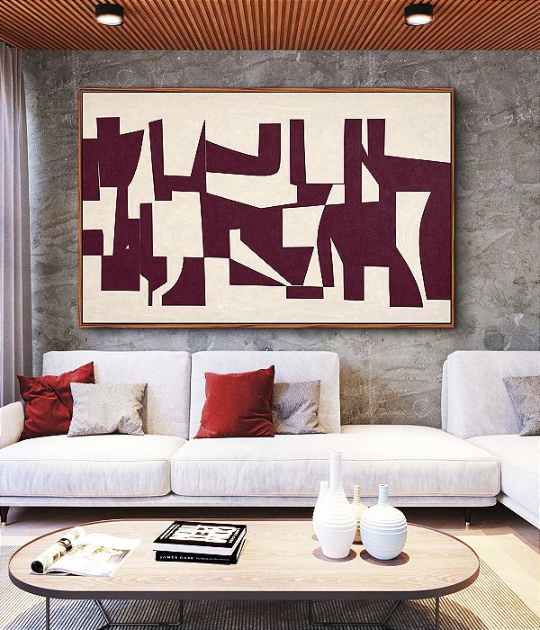 Quadro Horizontal Abstrato Traços Minimalistas Geométricos Vinho Marfim Canvas Moldura