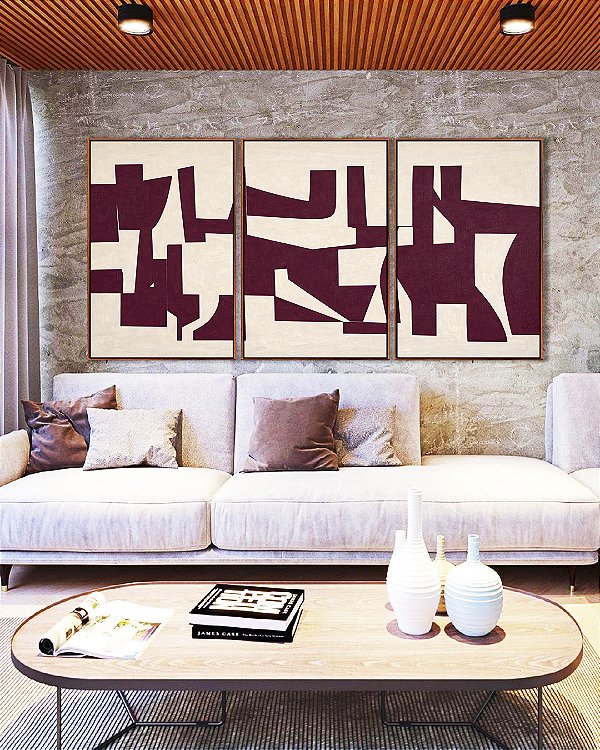 Trio de Quadros Abstrato Traços Minimalistas Geométricos Vinho Marfim Canvas Moldura
