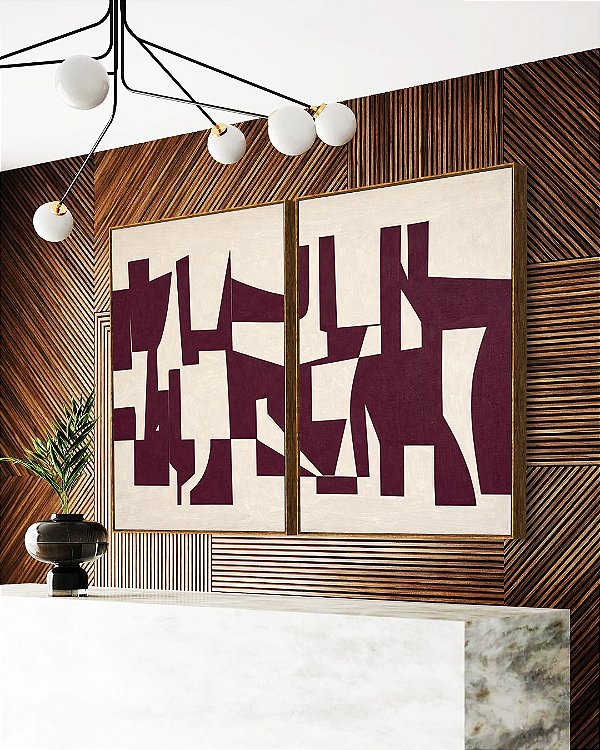 Duo de Quadros Abstrato Traços Minimalistas Geométricos Vinho Marfim Canvas Moldura