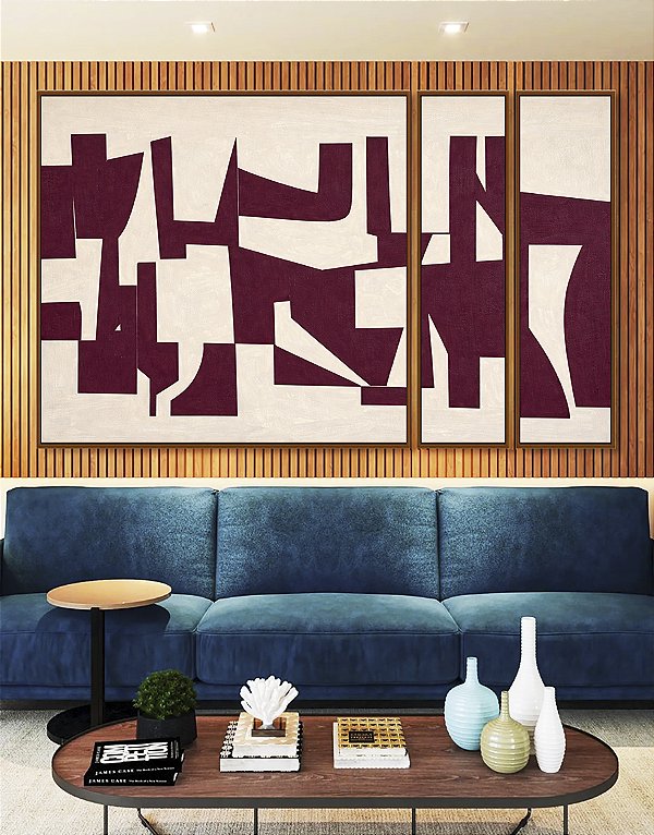 Trio de Quadros Estilizados Abstrato Traços Minimalistas Geométricos Vinho Marfim Canvas Moldura
