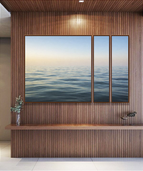 Trio de Quadros Estilizados Mar Sereno Azul e Céu Claro Natureza Canvas Moldura