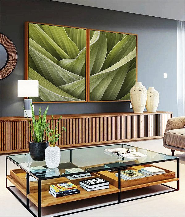 Duo de Quadros Planta Folhagem Verde Natureza Paisagem Canvas Moldura
