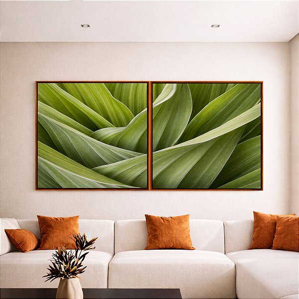 Duo de Quadros Quadrados Planta Folhagem Verde Natureza Paisagem Canvas Moldura