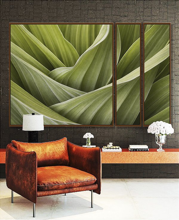 Trio de Quadros Estilizados Planta Folhagem Verde Natureza Paisagem Canvas Moldura