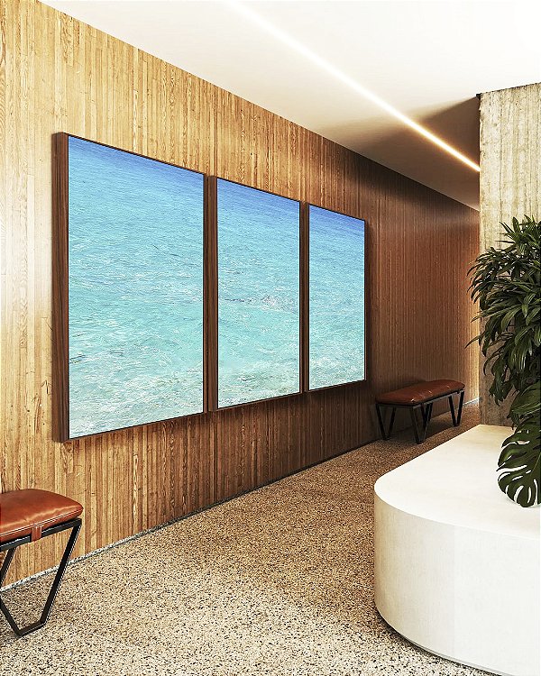 Trio de Quadros Mar Azul Paradisíaco Praia Natureza Canvas Moldura