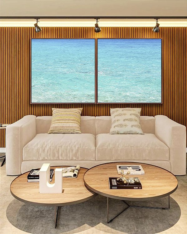 Duo de Quadros Quadrados Mar Azul Paradisíaco Praia Natureza Canvas Moldura