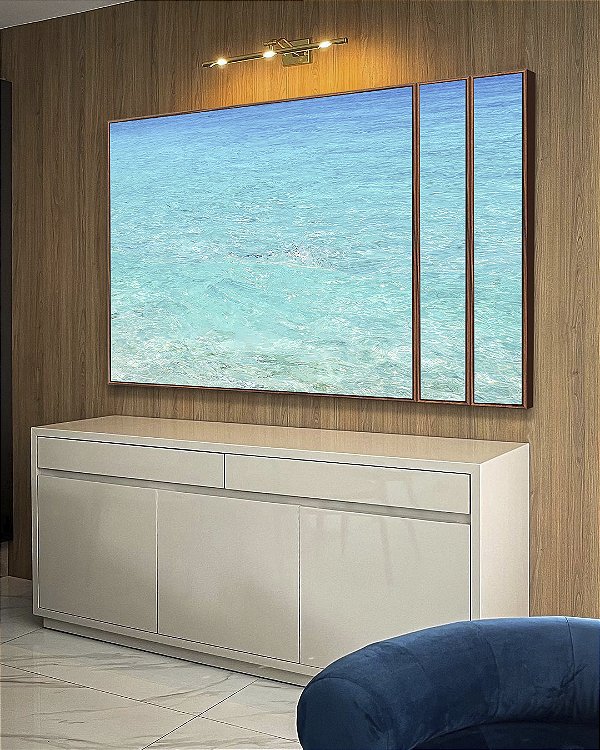 Trio de Quadros Estilizados Mar Azul Paradisíaco Praia Natureza Canvas Moldura