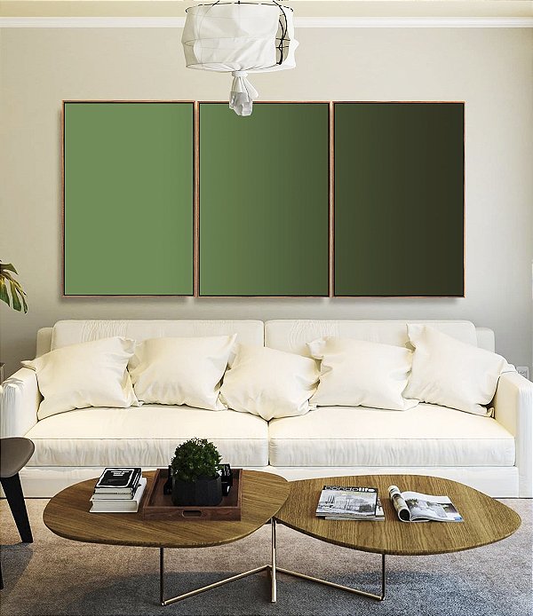 Trio de Quadros Abstrato Degradê Verde Folha Escuro Canvas Moldura
