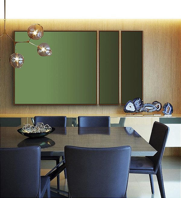 Trio de Quadros Estilizados Abstrato Degradê Verde Folha Escuro Canvas Moldura