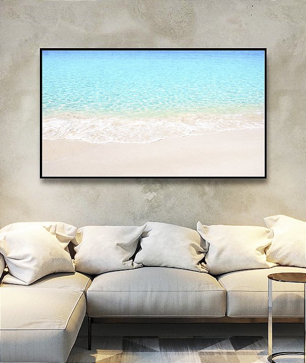 Quadro Horizontal Areia Branca Praia Azul Cristalino Canvas Moldura