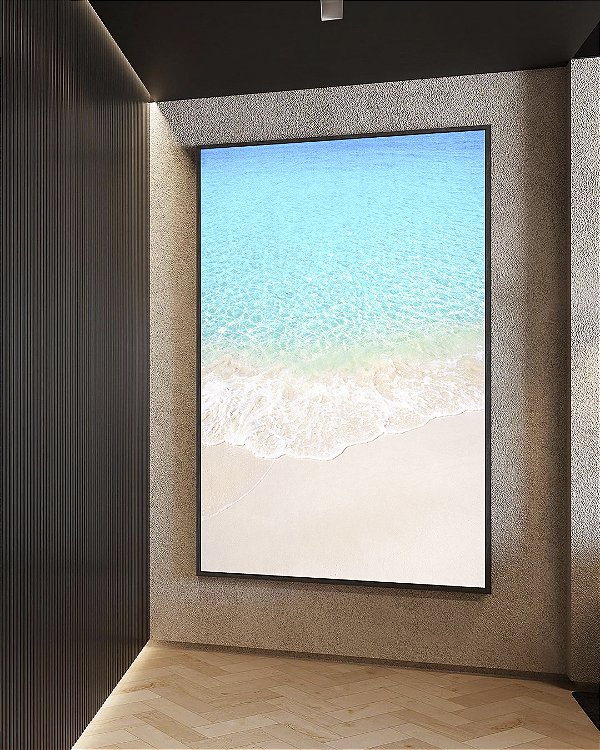 Quadro Vertical Areia Branca Praia Azul Cristalino Canvas Moldura