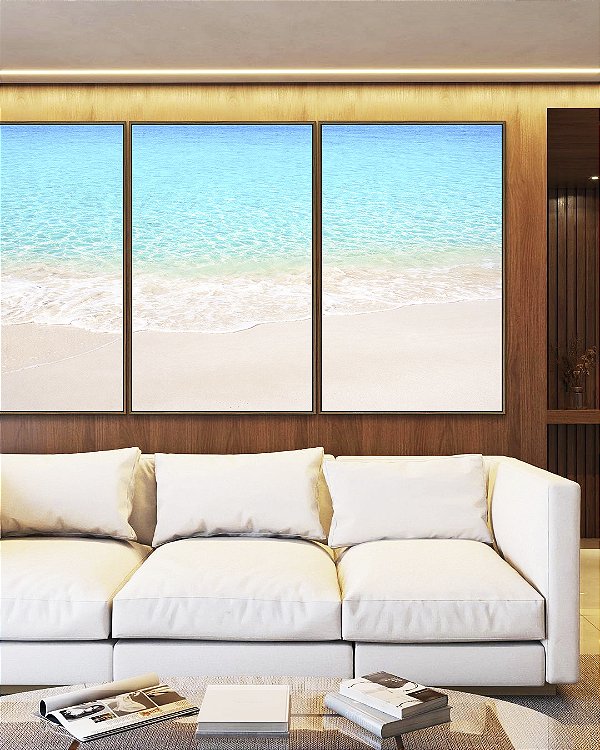 Trio de Quadros Areia Branca Praia Azul Cristalino Canvas Moldura