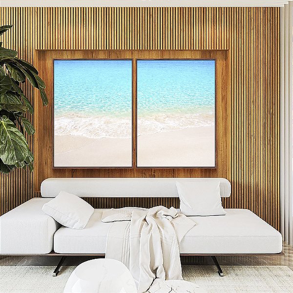 Duo de Quadros Areia Branca Praia Azul Cristalino Canvas Moldura