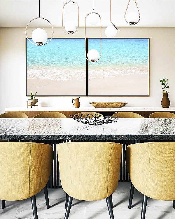 Duo de Quadros Quadrados Areia Branca Praia Azul Cristalino Canvas Moldura