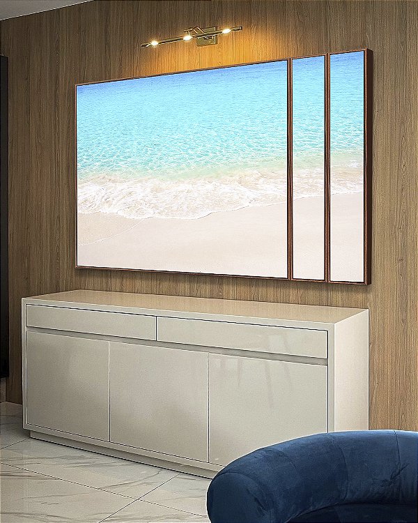 Trio de Quadros Estilizados Areia Branca Praia Azul Cristalino Canvas Moldura