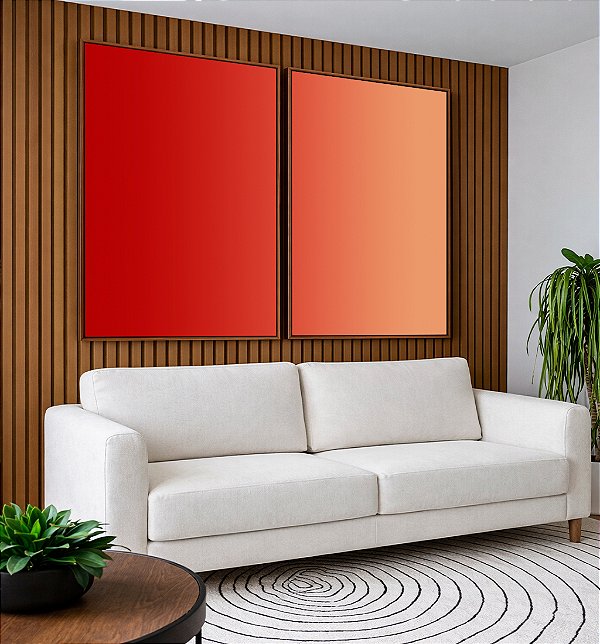 Duo de Quadros Abstrato Degradê Vermelho Laranja Pêssego Suave Canvas Moldura