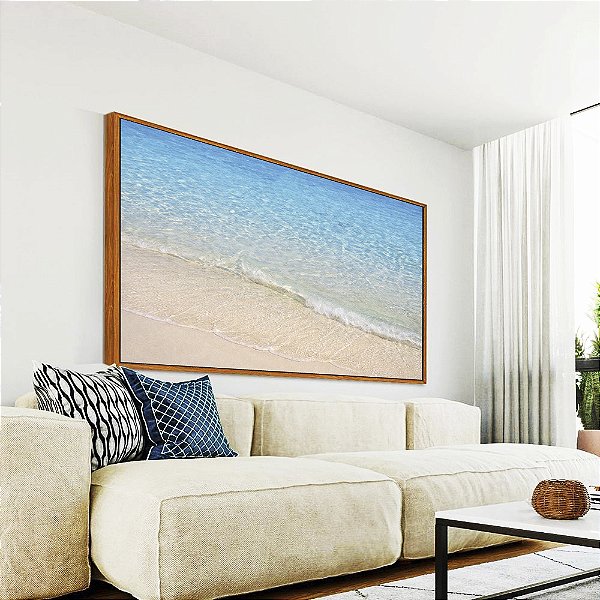 Quadro Horizontal Praia Branca Luminosa Mar Azul Claro Canvas Moldura